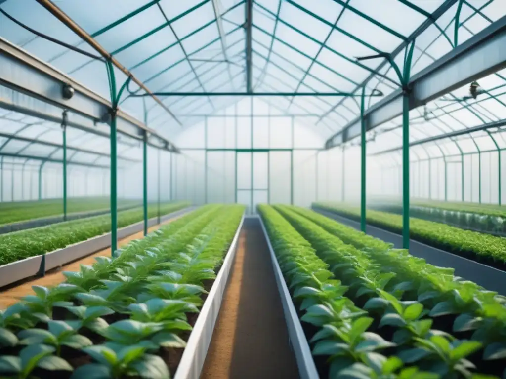 Un invernadero vanguardista lleno de plantas verdes, iluminado suavemente