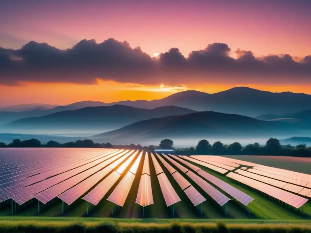 Inversiones en energías renovables 2021: Panorámica de paneles solares al atardecer, contrastando con el cielo dorado y rosado