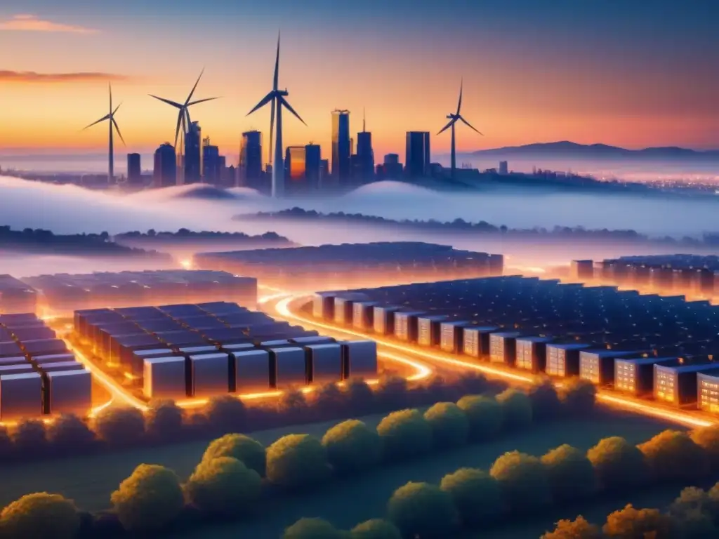 Inversiones en energías renovables 2021: Ilustración detallada de una ciudad moderna al atardecer con energía limpia