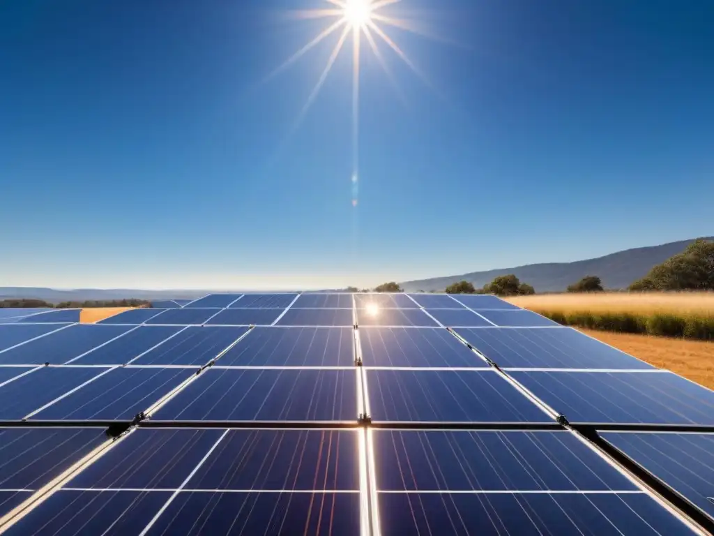 Inversiones en energías renovables 2021: Paneles solares modernos brillando bajo el sol en un cielo azul claro