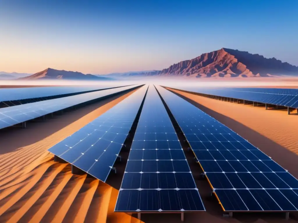 Inversiones en energías renovables 2021: Tecnología solar futurista en el desierto, paneles reflejando la luz del sol con precisión