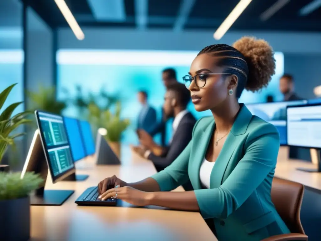 Jóvenes profesionales colaborando en oficina moderna con tecnología avanzada, estrategias innovadoras y ambiente creativo