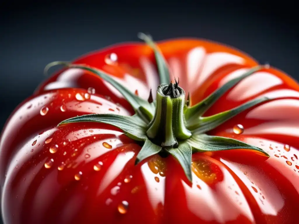 Una jugosa y vibrante tomate rojo con gotas de agua, resaltando su textura y color