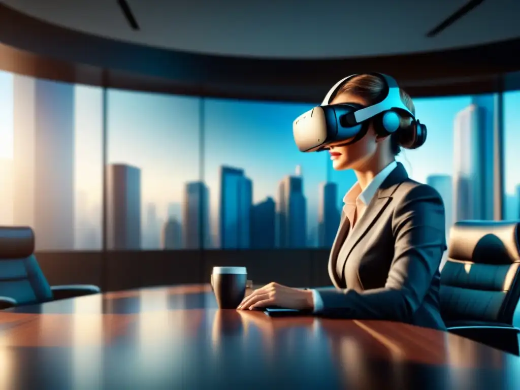 Inmersión en negocios: sala de juntas moderna con auriculares de realidad virtual, destaca la integración de tecnologías