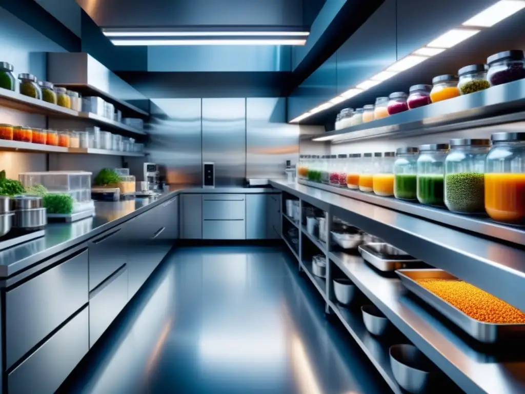 Un laboratorio de alimentos moderno con tecnología avanzada y organización meticulosa, en el proceso innovación alimentos funcionales
