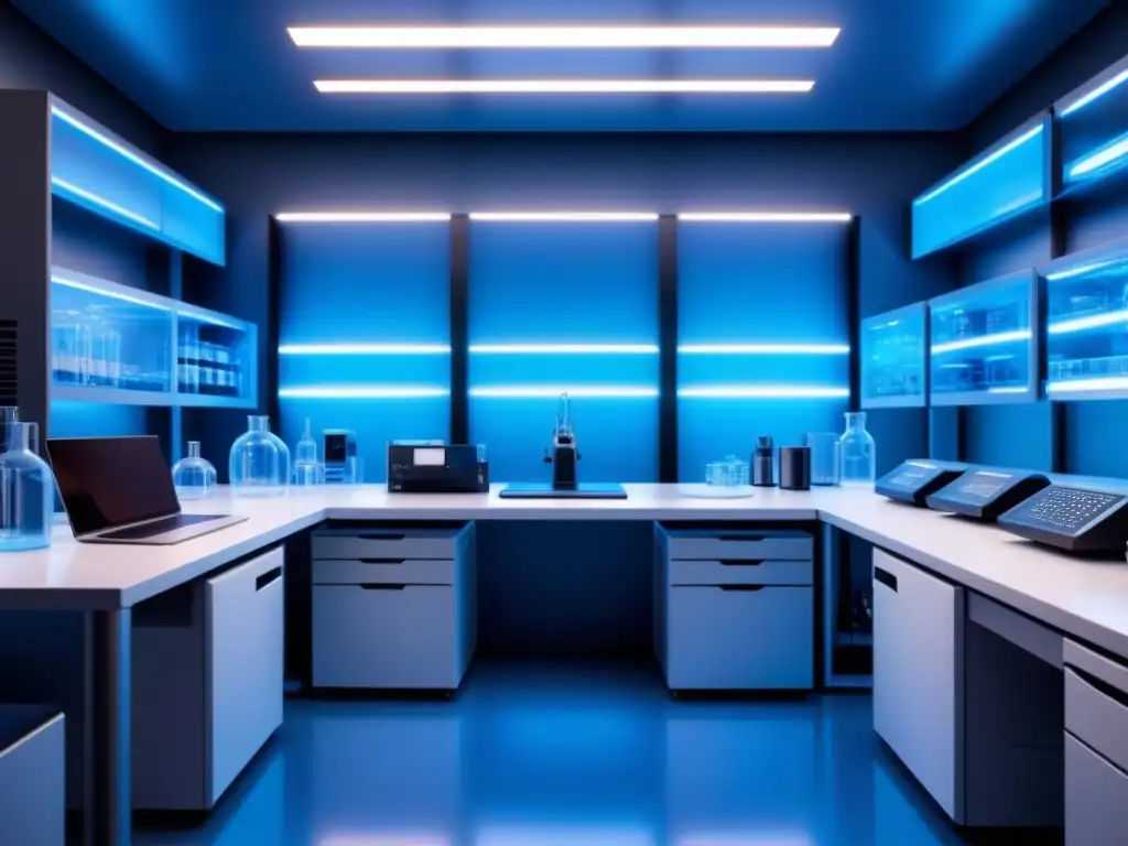 Un laboratorio biomédico futurista con equipo avanzado e innovador, bañado en luz azul