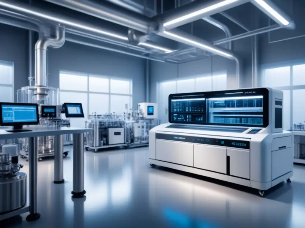 Un laboratorio de bioprocesamiento con tecnologías de secuenciación avanzadas en un entorno blanco y futurista