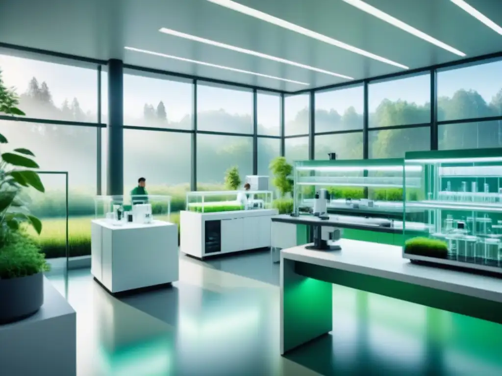 Un laboratorio de biotecnología futurista con diseño minimalista y jardín sostenible