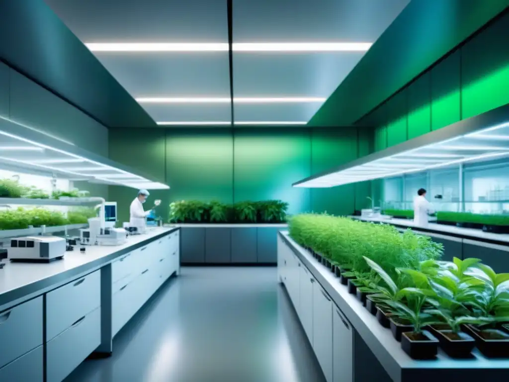 Un laboratorio de biotecnología futurista con diseño minimalista, tecnología avanzada y científicos trabajando en proyectos sostenibles