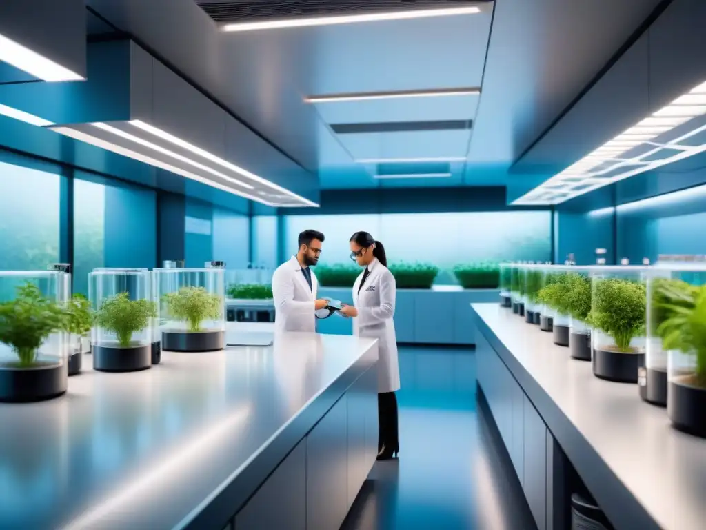 Un laboratorio de biotecnología futurista con innovación y sostenibilidad en 2023