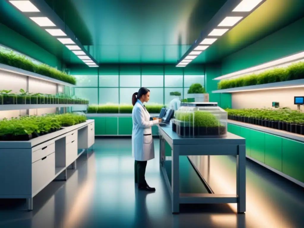 Un laboratorio de biotecnología futurista y sostenible con científicos colaborando en investigación avanzada