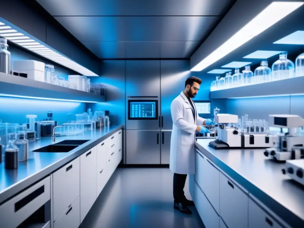 Un laboratorio de biotecnología moderno y elegante con equipos de vanguardia bajo luces blancas brillantes