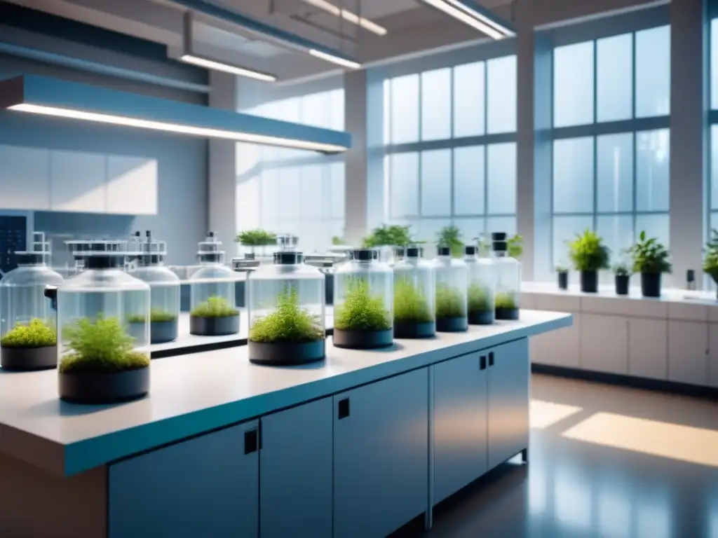 Laboratorio de biotecnología moderno con equipo de vanguardia y plantas verdes, minimizando riesgos ambientales en la industria