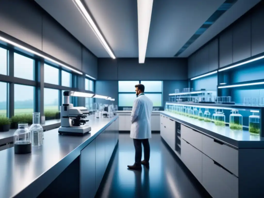 Laboratorio de biotecnología moderno y minimalista, con avanzado equipamiento y luz natural