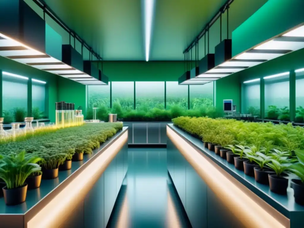 Un laboratorio de biotecnología sostenible rodeado de plantas, maquinaria moderna y diseño innovador