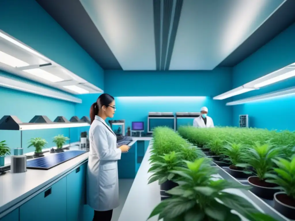 Un laboratorio de biotecnología sostenible rodeado de plantaciones y paneles solares bajo un cielo azul