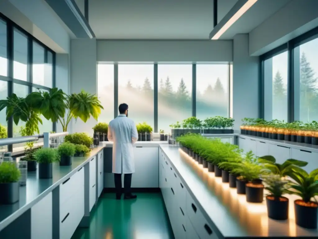 Un laboratorio de biotecnología verde, con investigadores en batas blancas trabajando en proyectos sostenibles
