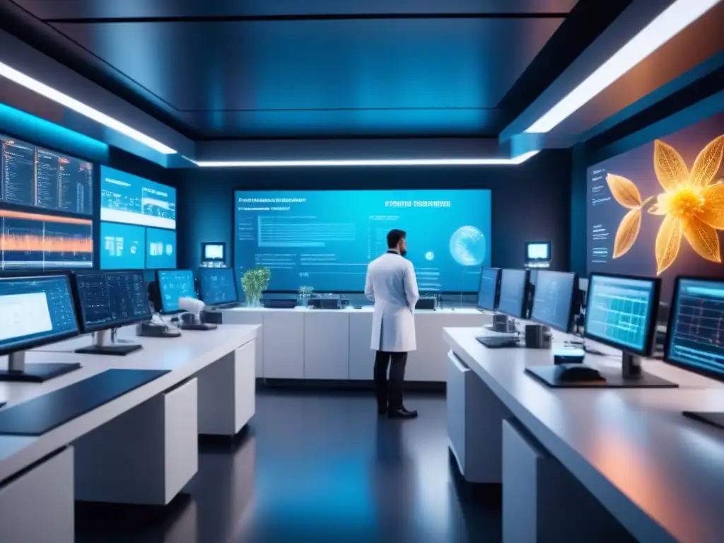 Laboratorio biotecnológico futurista con científicos, datos genéticos y vegetación
