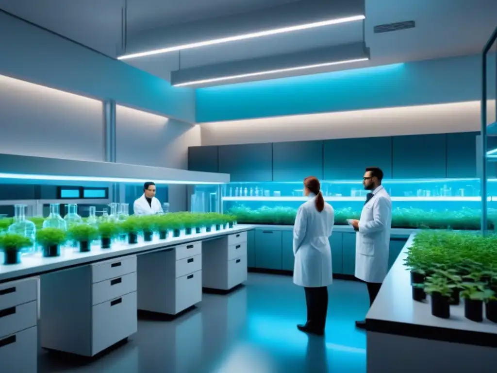 Un laboratorio biotecnológico futurista con científicos realizando experimentos rodeados de plantas bioluminiscentes