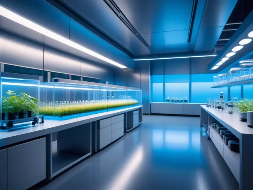 Laboratorio biotecnológico futurista con diseño minimalista y tecnología avanzada