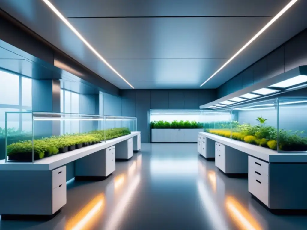 Laboratorio biotecnológico futurista con diseño sostenible y verde, destacando la fusión armoniosa de tecnología y naturaleza