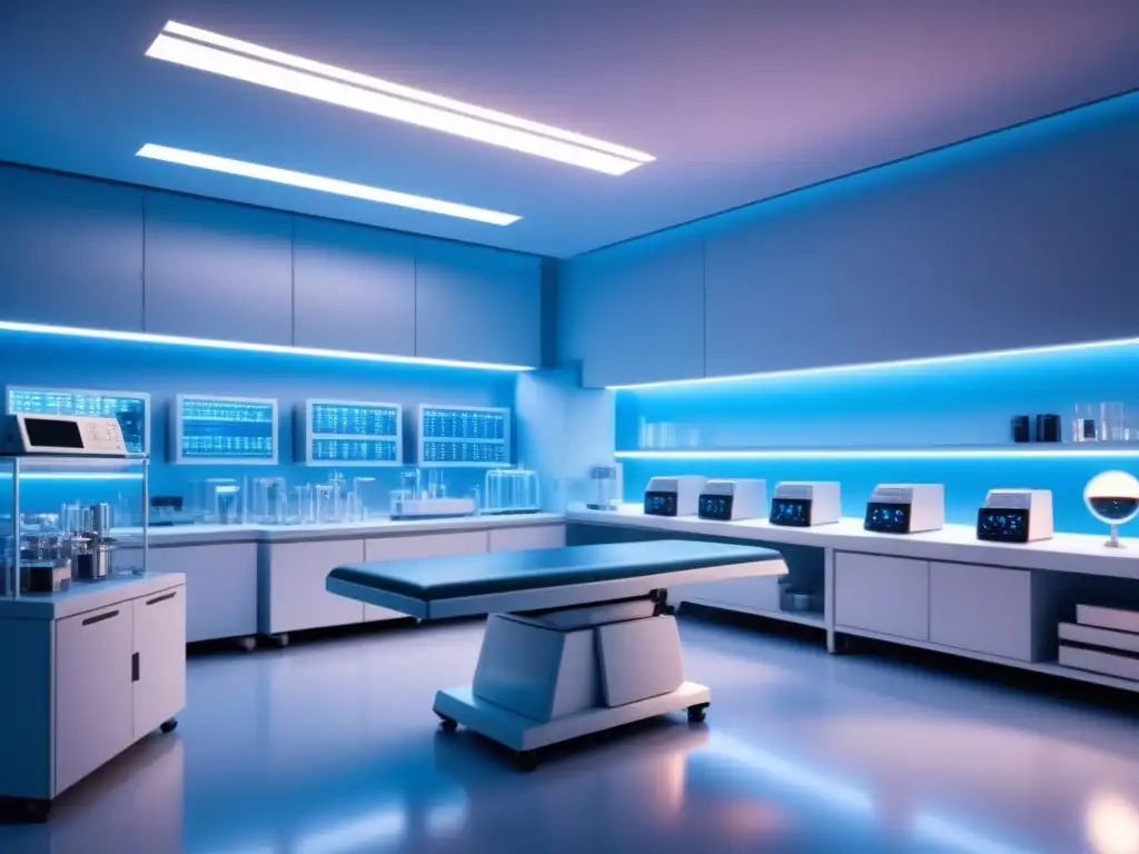 Un laboratorio biotecnológico futurista con equipamiento de vanguardia, bañado en luz azul