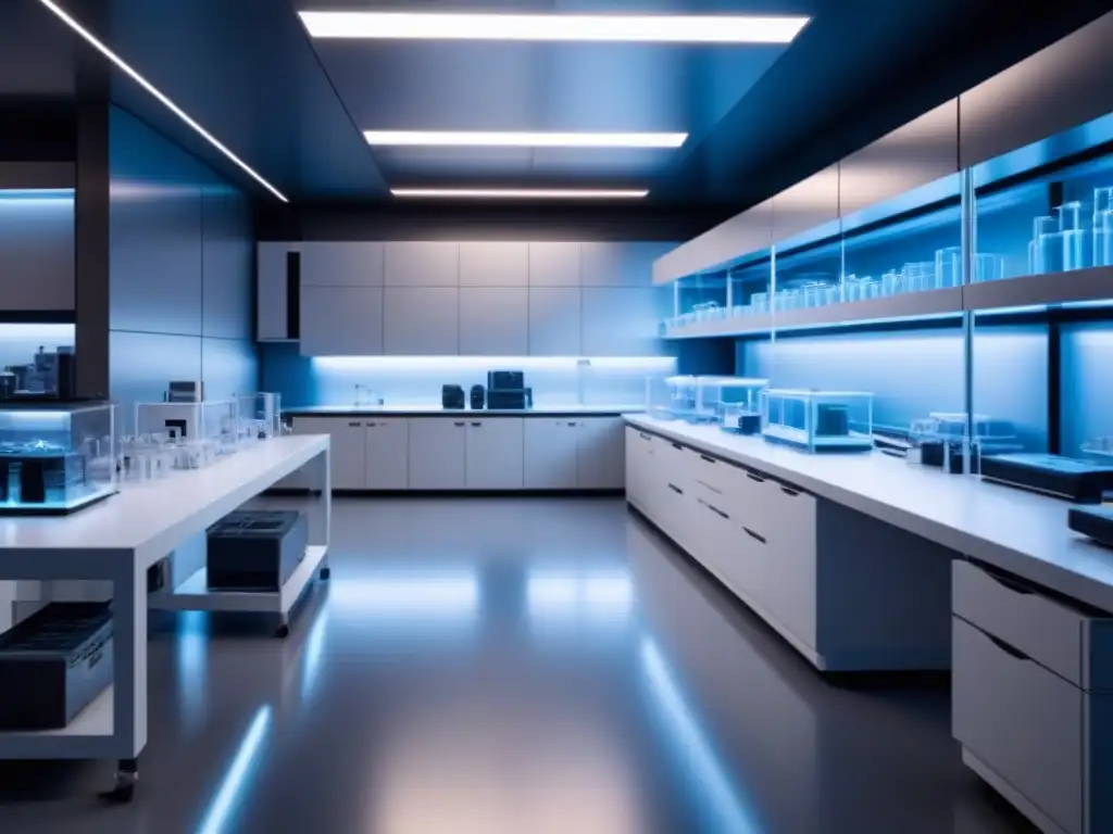 Un laboratorio biotecnológico futurista lleno de maquinaria avanzada, iluminado con luz ambiental suave