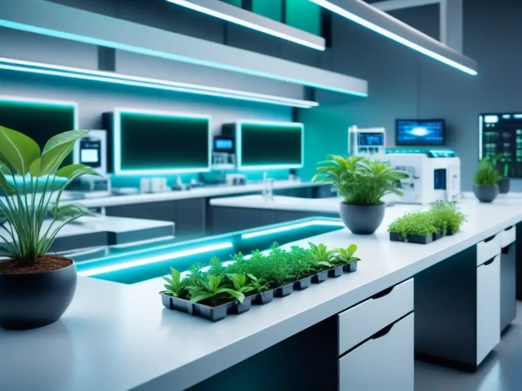 Un laboratorio biotecnológico futurista con plantas bioluminiscentes verdes, simbolizando sostenibilidad en biotecnología normativas