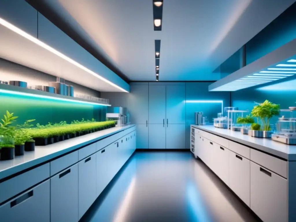 Un laboratorio biotecnológico futurista con profesionales y vegetación integrada, simbolizando inversiones en biotecnología sostenible