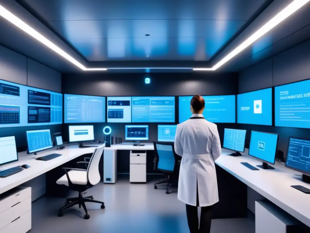 Un laboratorio clínico futurista con biometría en ensayos clínicos, investigadores analizando datos en pantallas transparentes y mejoras en tiempo real