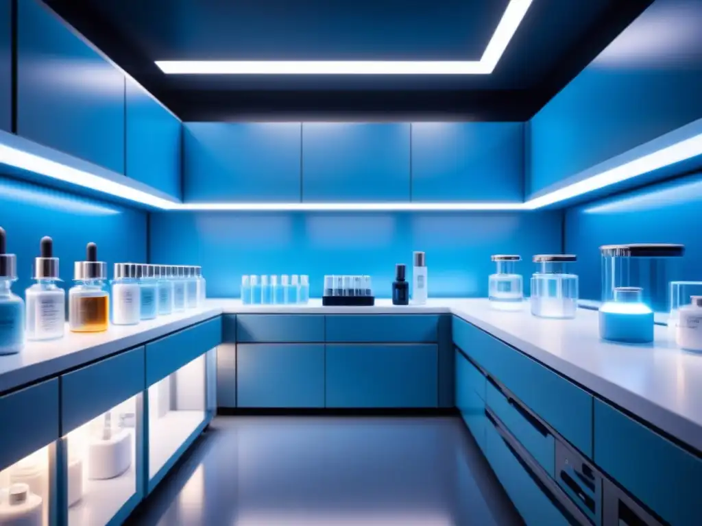 Un laboratorio cosmético de alta tecnología con equipos de ingeniería genética, productos brillantes y una iluminación azul fresca