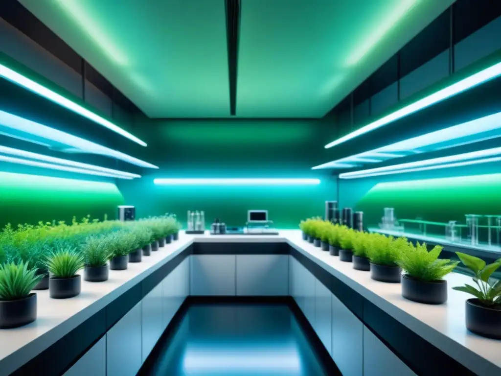 Un laboratorio cosmético futurista lleno de equipos avanzados y plantas bioluminiscentes, representando la bioingeniería en cosmética sostenible