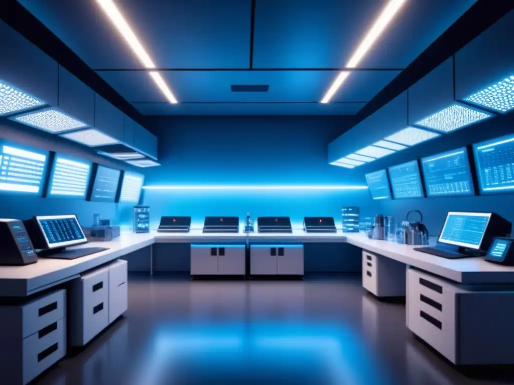 Un laboratorio de edición genética futurista en azul, con tecnología avanzada y diseño minimalista