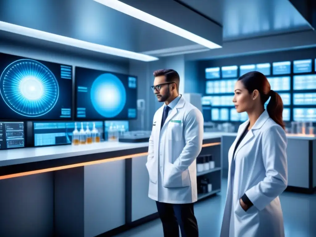 Un laboratorio farmacéutico futurista con científicos realizando investigaciones sobre Terapia antiviral para Hepatitis C