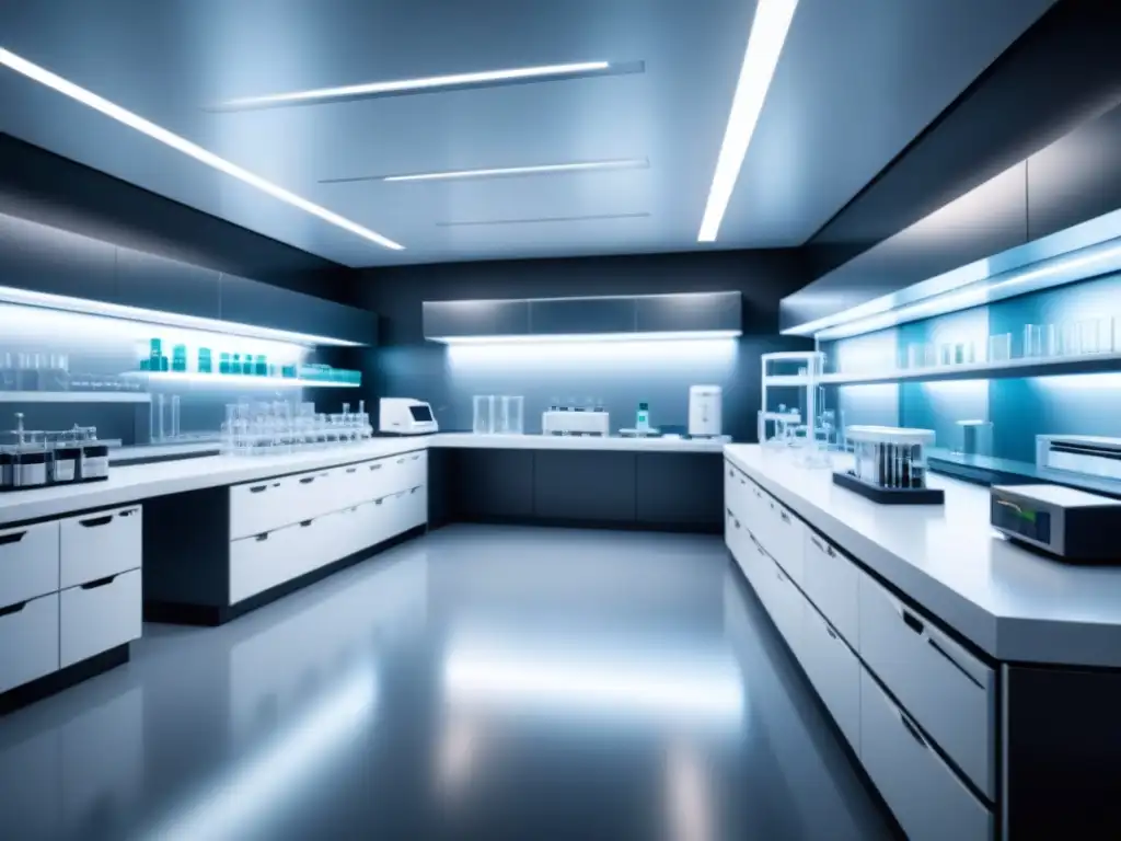 Un laboratorio farmacéutico futurista y minimalista con tecnología de vanguardia