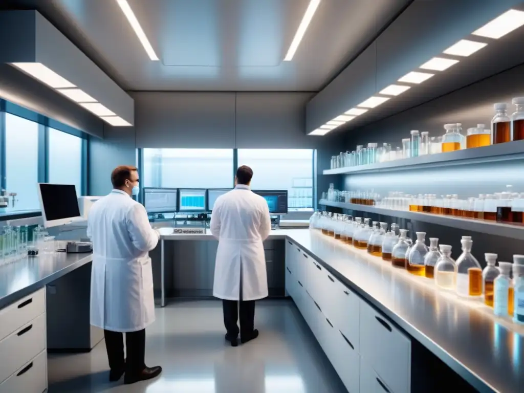 Un laboratorio farmacéutico moderno y detallado con científicos en batas blancas realizando experimentos bajo una suave luz natural