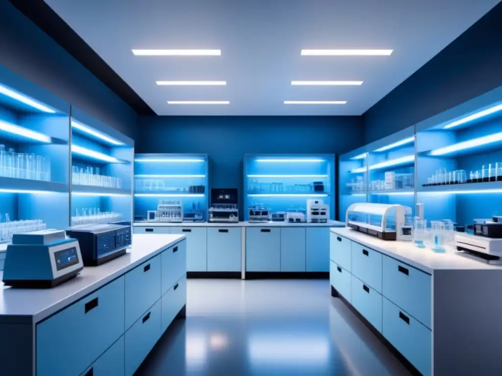 Un laboratorio farmacéutico moderno y minimalista, con equipos de alta tecnología y una iluminación ambiental suave