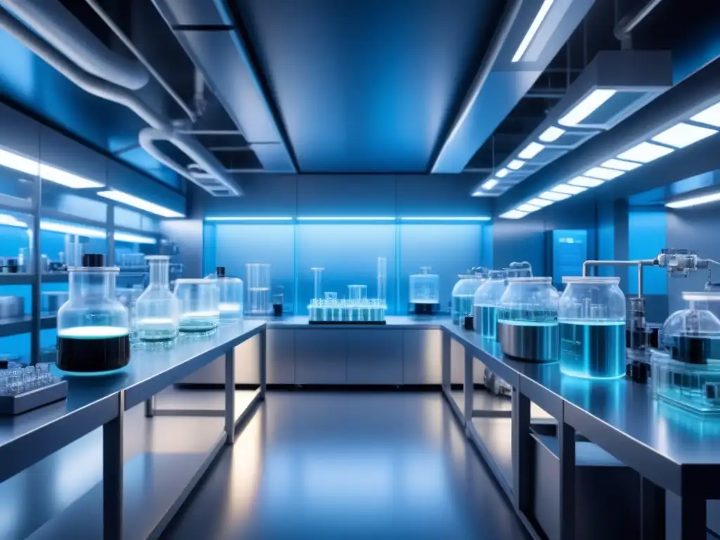 Un laboratorio futurista de alta tecnología produciendo enzimas industriales mediante biología sintética, iluminado en azul suave