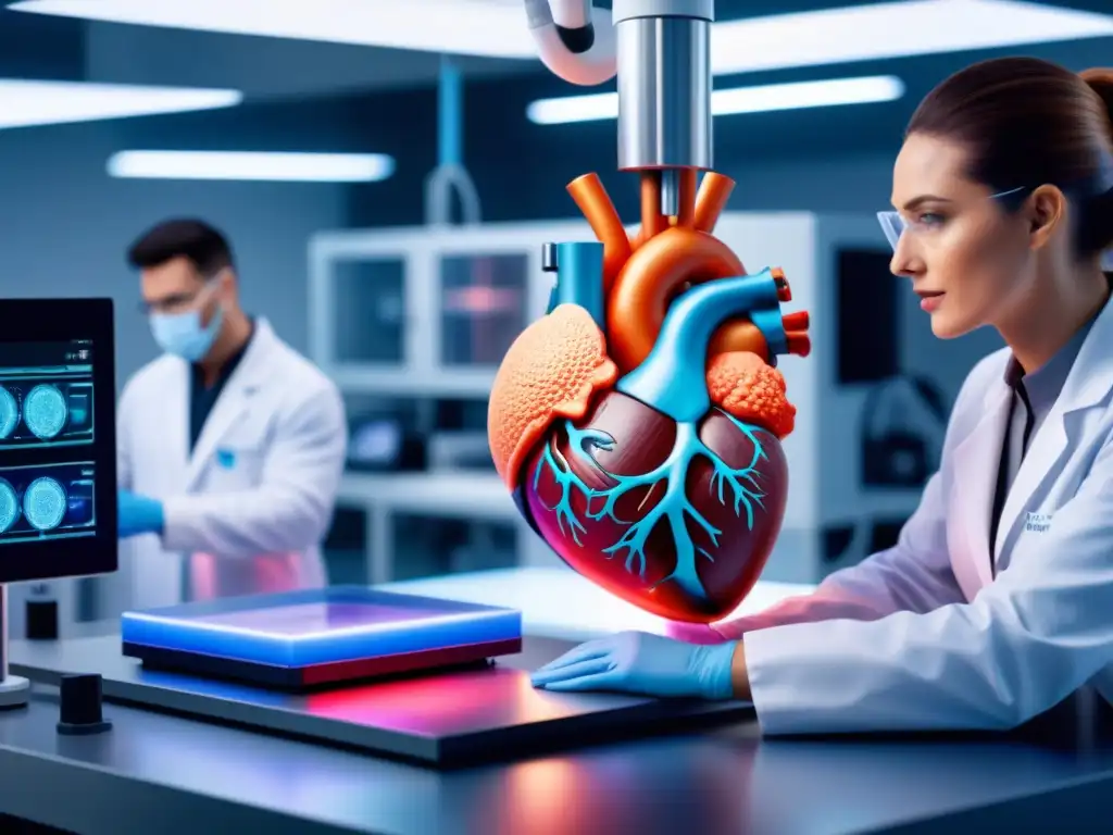 Un laboratorio futurista con una bioimpresora 3D creando un modelo de corazón humano