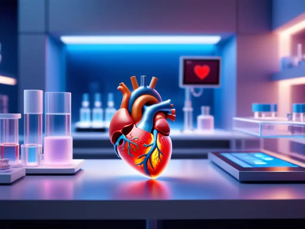 Un laboratorio futurista con bioimpresoras en acción, creando tejido cardíaco