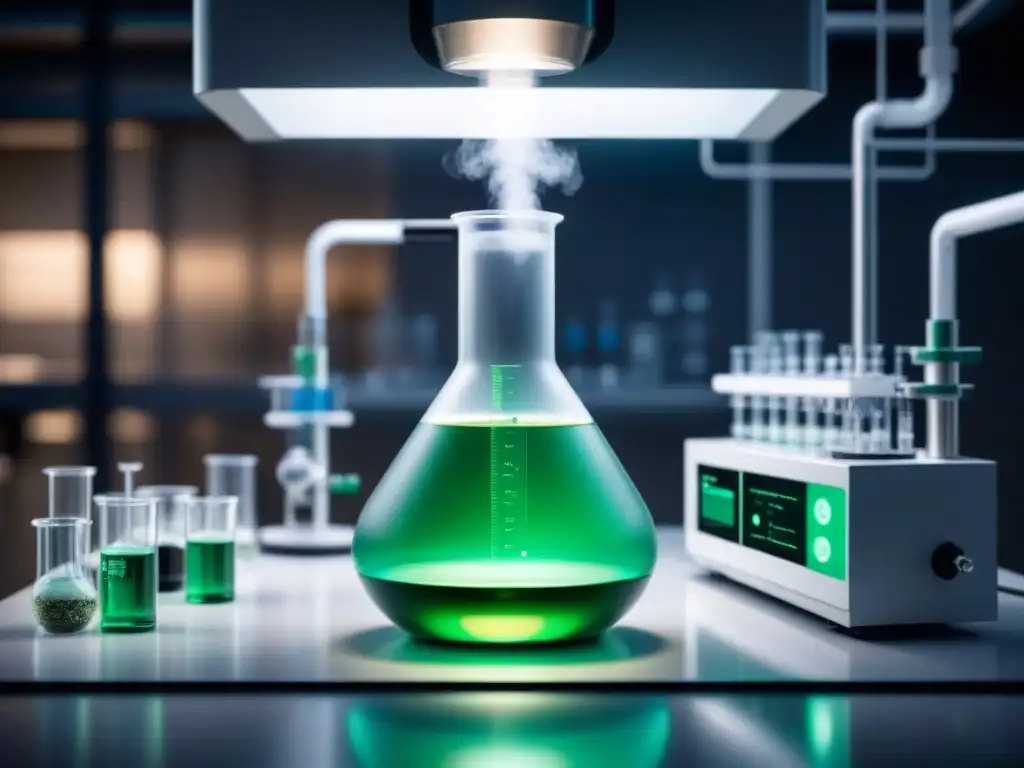 Un laboratorio futurista con un bioreactor central lleno de biocatalizador verde vibrante, rodeado de equipamiento científico avanzado