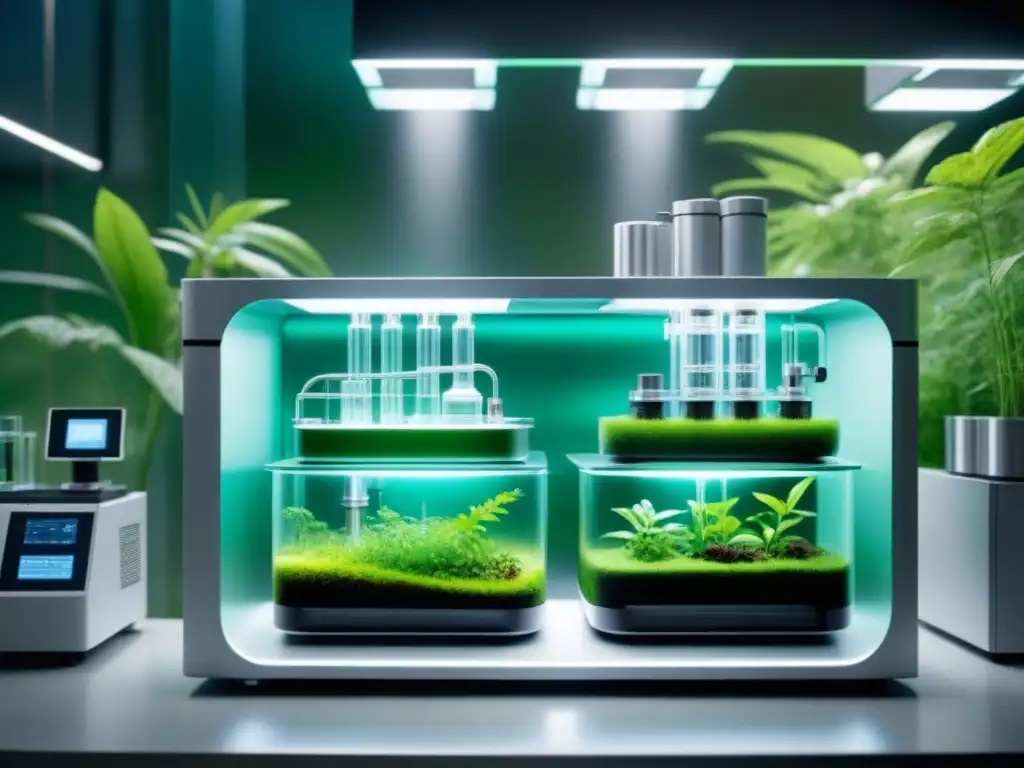 Un laboratorio futurista con bioreactor destacado, monitores hightech y vegetación exuberante, fusionando biología y tecnología