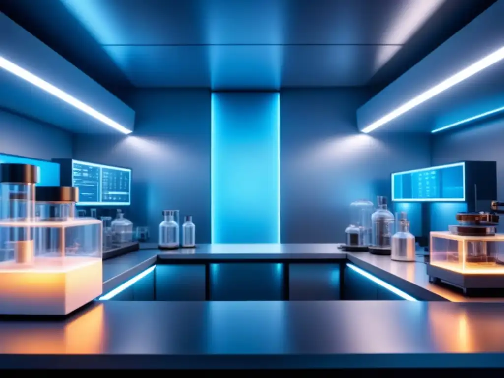 Un laboratorio futurista con bioreactores avanzados iluminados en azul, mostrando enzimas trabajando en un diseño minimalista y elegante