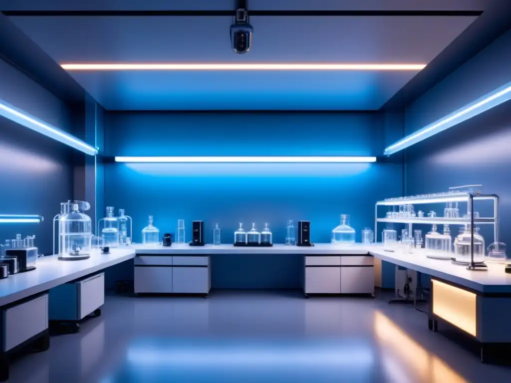 Un laboratorio futurista con bioreactores avanzados produciendo químicos sostenibles, iluminado por luces LED azules suaves