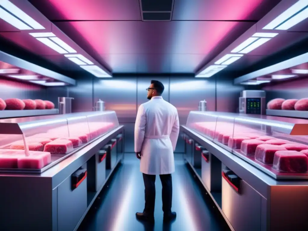 Un laboratorio futurista con bioreactores cultivando células de carne en un enfoque sostenible