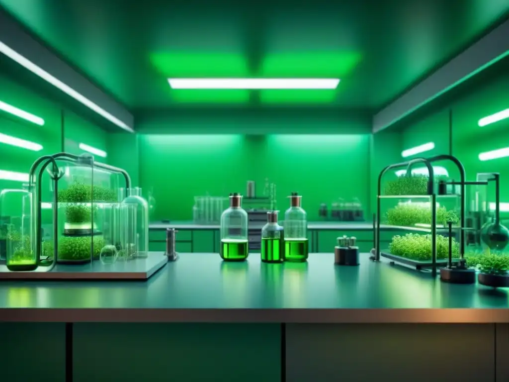 Un laboratorio futurista con bioreactores y estructuras moleculares, iluminado en verde, evocando tecnología y avance científico