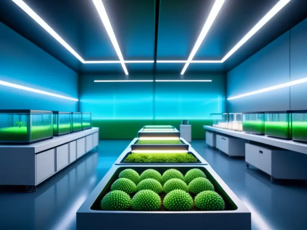 Un laboratorio futurista con bioreactores llenos de organismos sintéticos verdes brillantes para la producción de biocombustibles