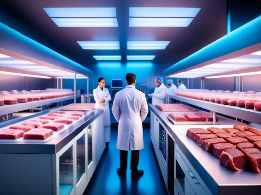 Un laboratorio futurista con biorreactores de carne sin sacrificio animal, científicos monitoreando en ambiente ético y tecnológico azul