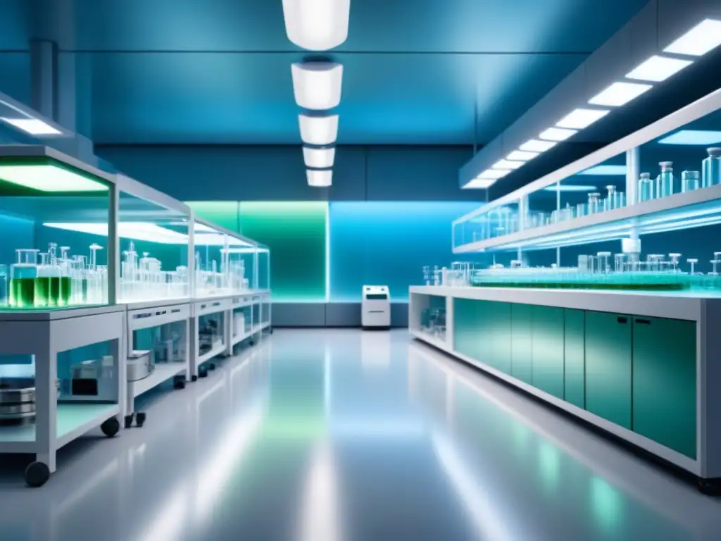 Un laboratorio futurista de biotecnología con equipo avanzado en tonos blancos, azules y verdes