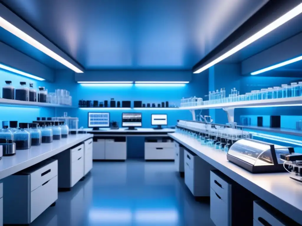 Un laboratorio futurista de biotecnología con equipos avanzados, iluminado en azul, reflejando innovación en biología sintética para la industria